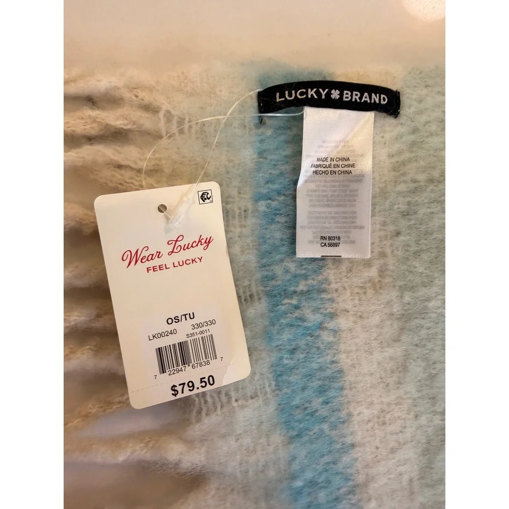 Lucky Brand Blue Cream Striped Oversized Fringe Scarf LK00240 NWT